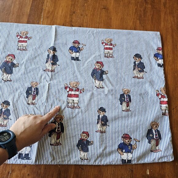 VTG Ralph Lauren Polo Bear Blue White Ticking Stripe Pillowcase X2  100% cotton - Picture 5 of 8